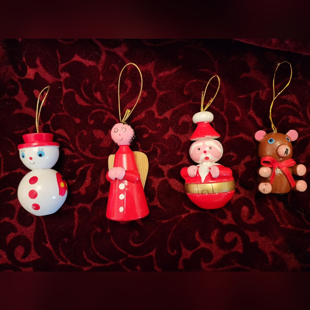 Vintage Wooden Hand Painted Christmas‎ Ornaments. 80's.